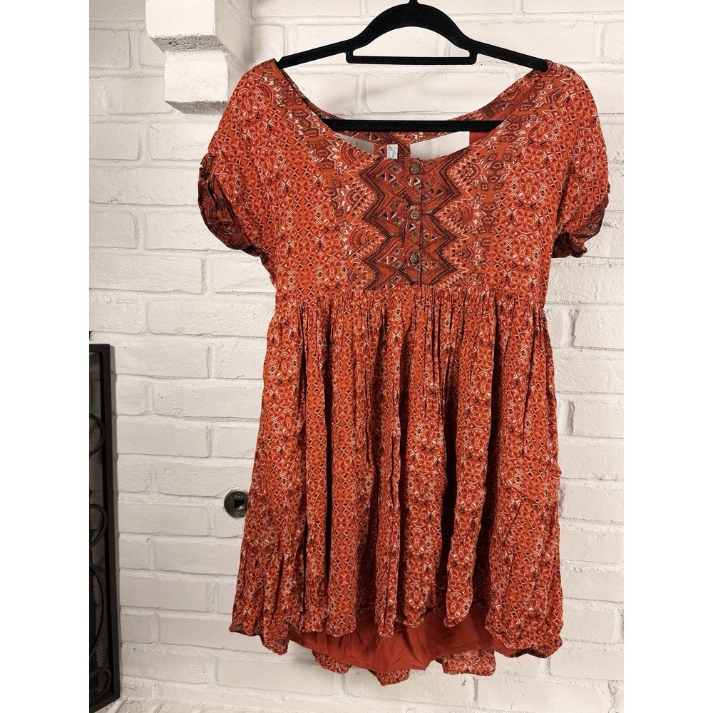 Free People XS Orange Geometric Print Babydoll Mini Dress Cutout Back Boho
